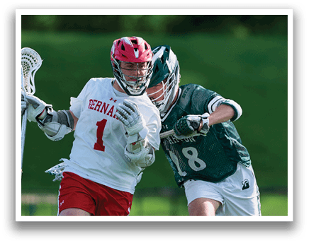 Two men playing lacrosse on a field. One man is running with a stick, while the other is wearing a helmet and catching a ball. AI generated content