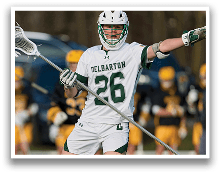 A man in a white jersey holds a lacrosse stick while standing on a field. AI generated content