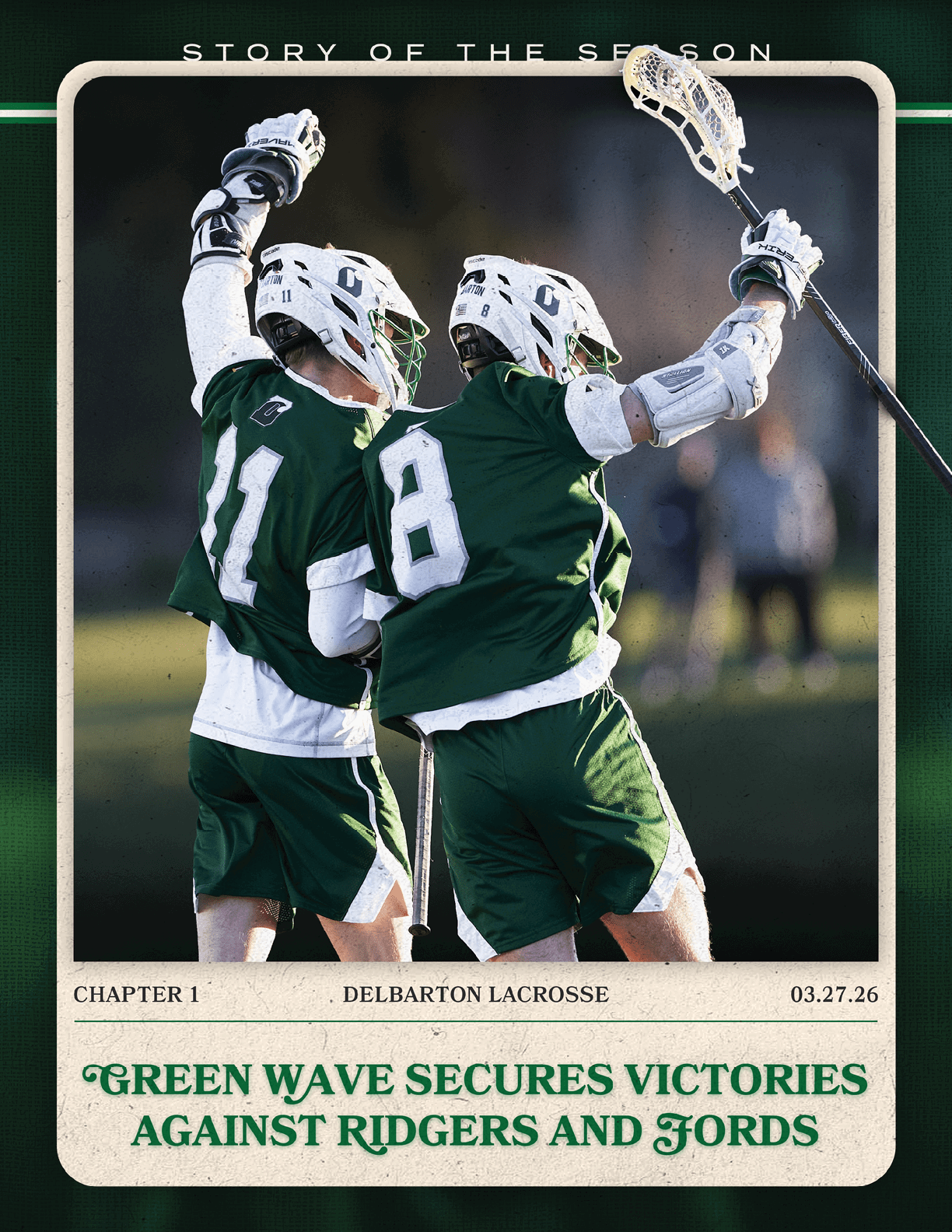 Two men celebrating a victory in a lacrosse game. AI generated content