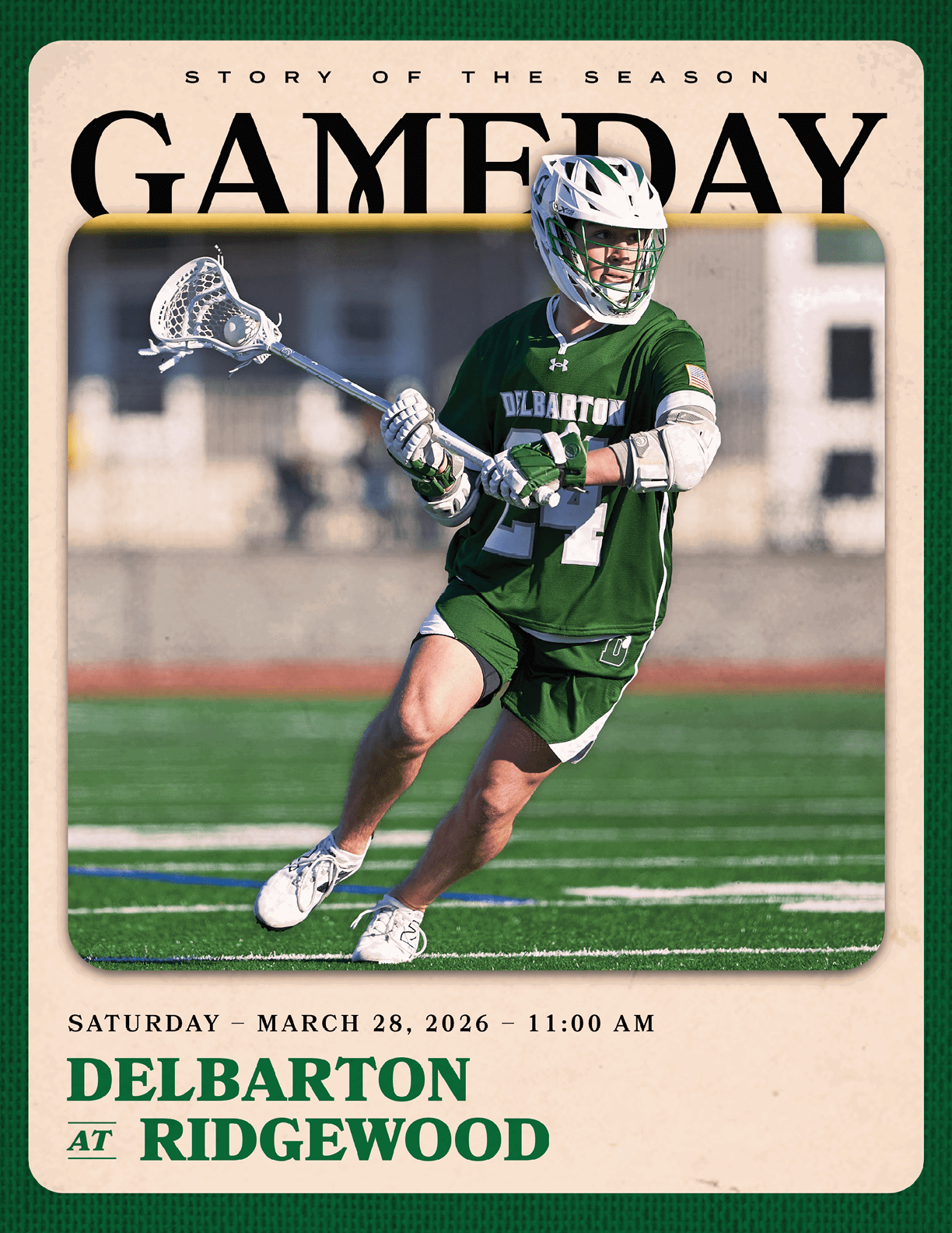 A man in a green jersey holding a lacrosse stick. AI generated content