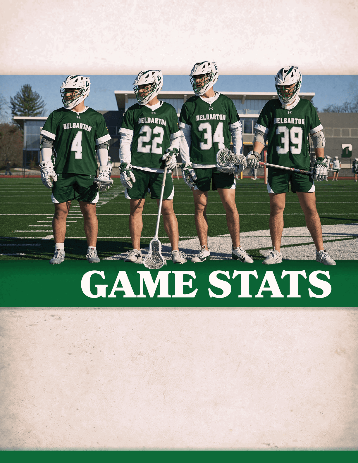 Four lacrosse players standing on a field. AI generated content