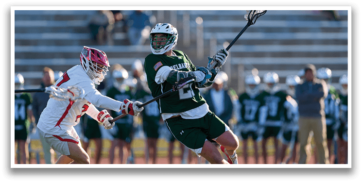 A man in a green and white uniform is holding a lacrosse stick, preparing to shoot the ball. AI generated content