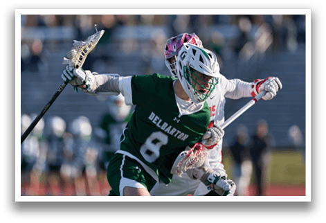 Two lacrosse players are fighting for the ball. AI generated content
