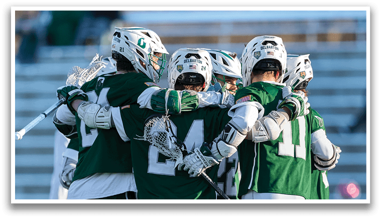A group of lacrosse players huddle together on the field. AI generated content