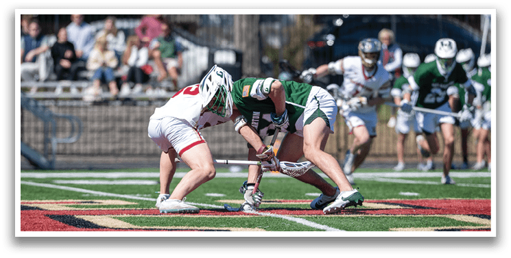 Two men playing football on a field, one is trying to block the other from scoring. AI generated content