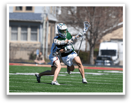 Two people playing a game of lacrosse on a field. AI generated content