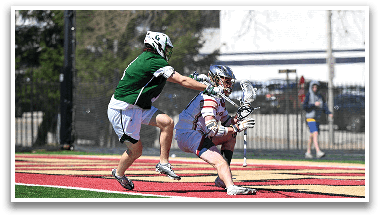 Two men playing a game of lacrosse on a field. AI generated content