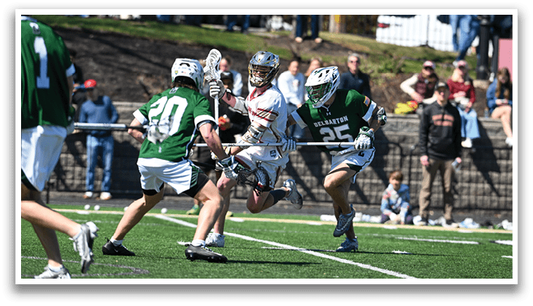 A group of men playing a game of lacrosse on a field. AI generated content