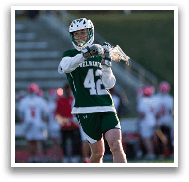 A man in a green and white uniform holding a lacrosse stick. AI generated content