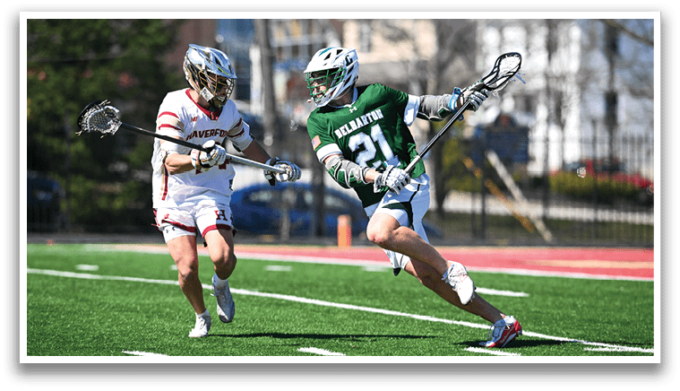 Two men playing lacrosse on a field. AI generated content
