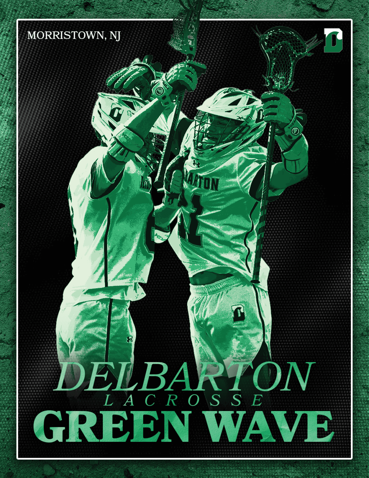 A black and green poster of two lacrosse players holding up trophies. Description generated by AI