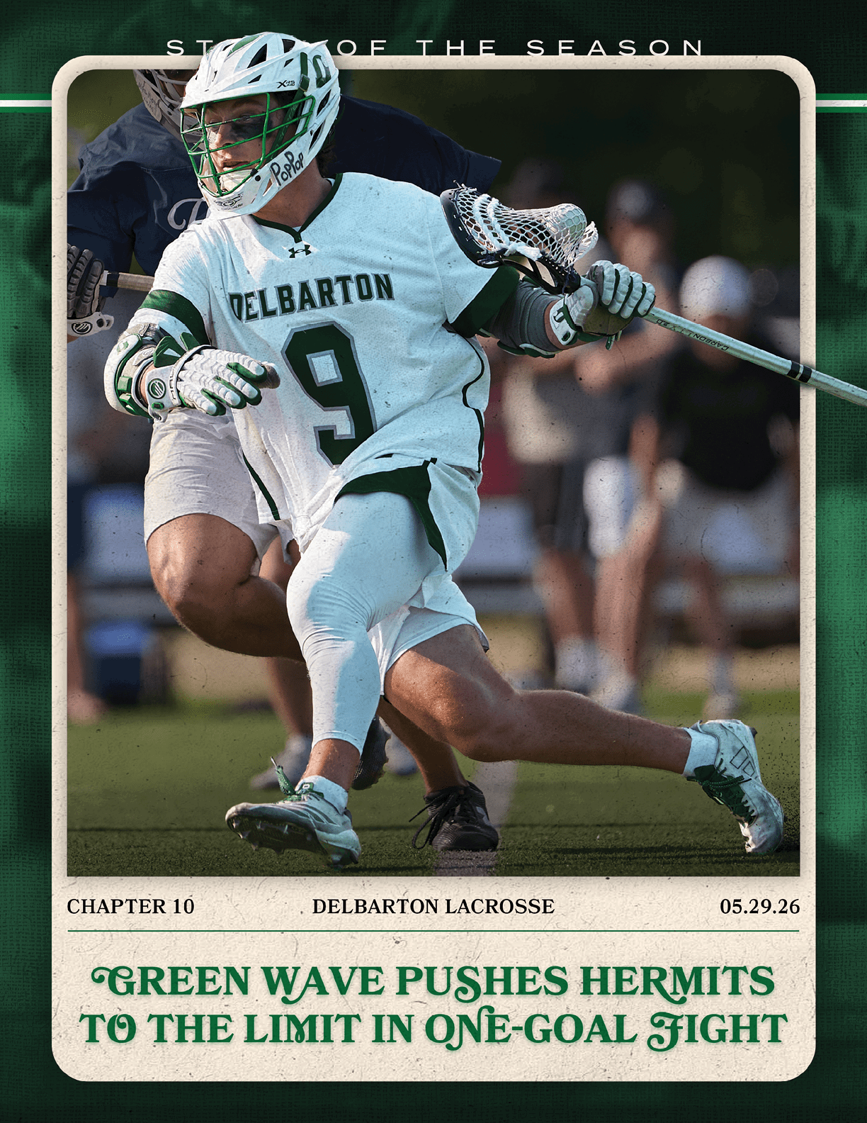 A man wearing a white and green jersey is playing lacrosse. Description generated by AI