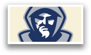 A logo with a hooded figure and a blue and white color scheme. Description generated by AI