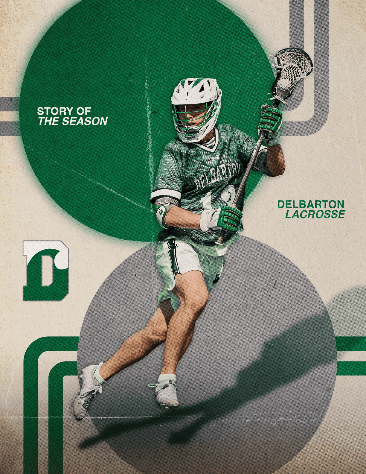 A man in a green jersey is holding a lacrosse stick. Description generated by AI