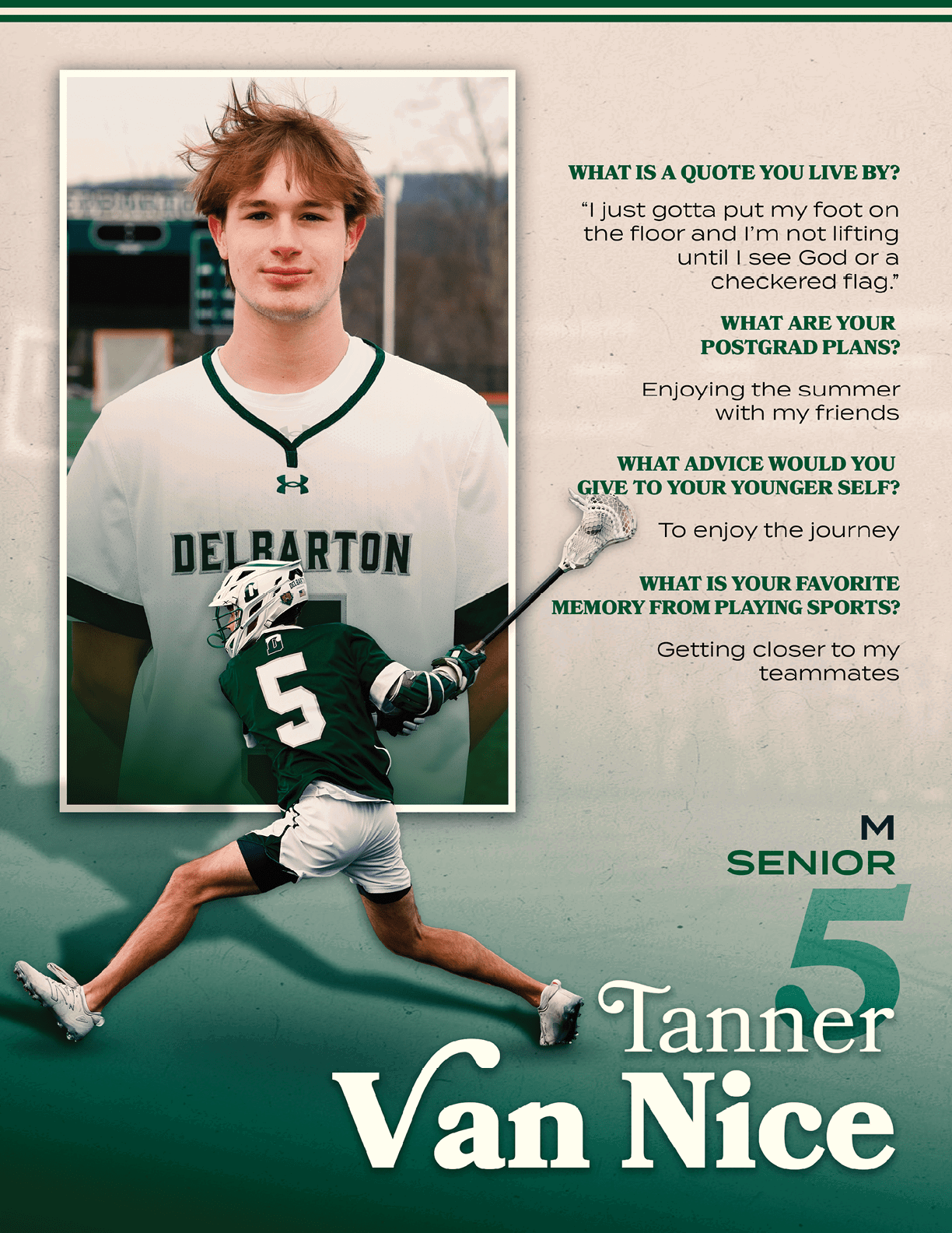 A poster of a man in a green and white uniform. Description generated by AI