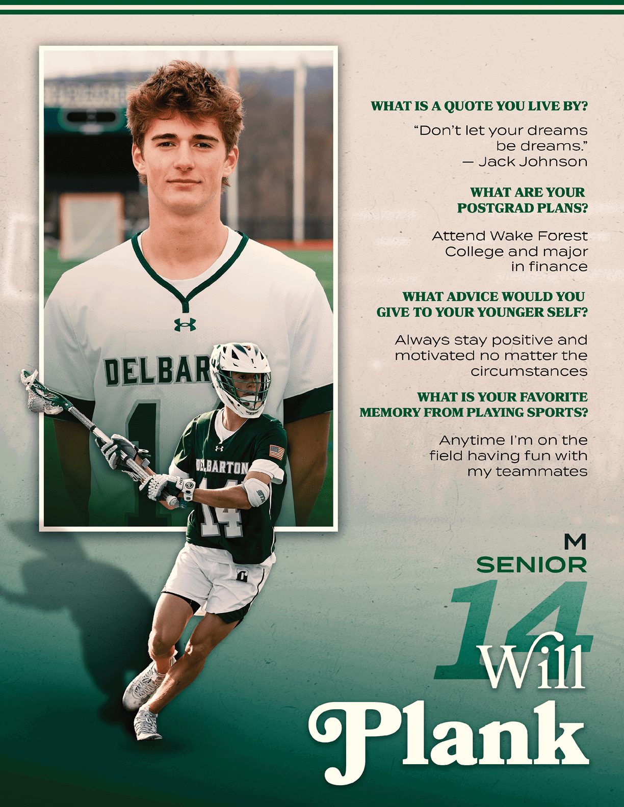 A green and white poster with a man in a white shirt and green shorts holding a lacrosse stick. Description generated by AI