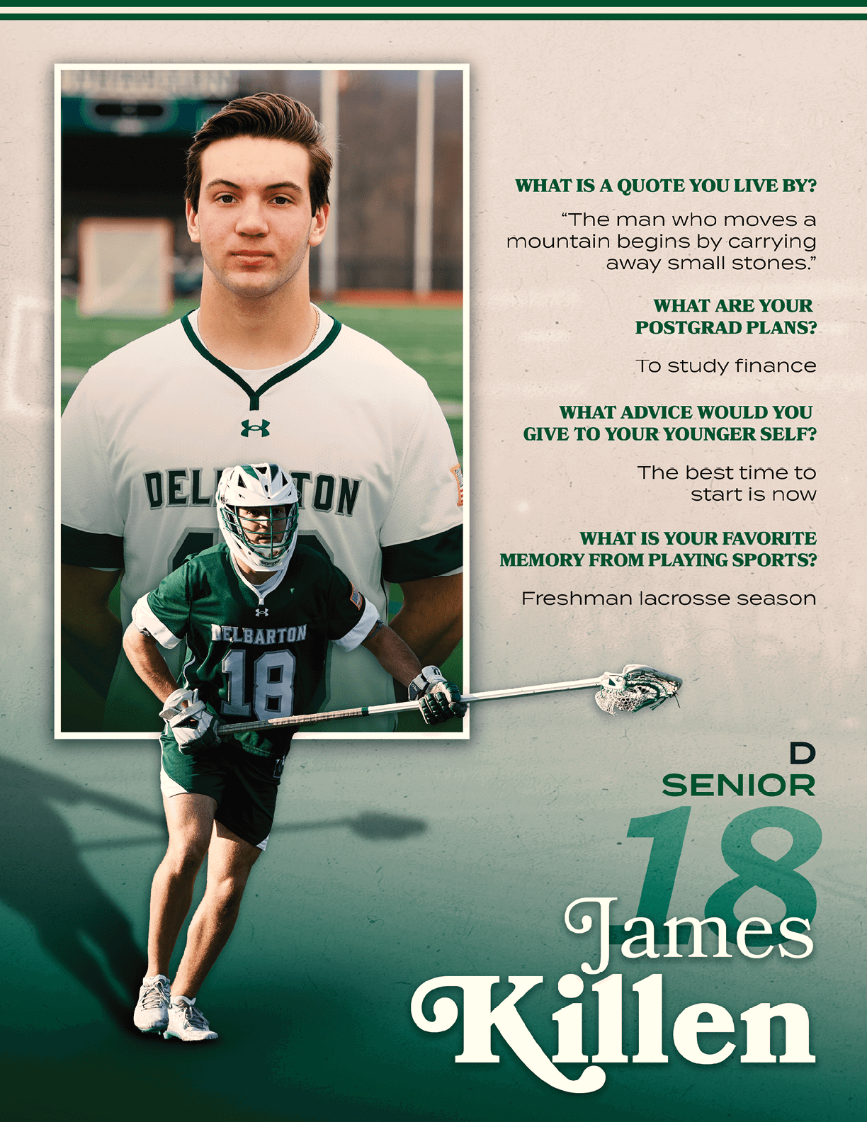 A man wearing a green and white uniform with the number 18 on the back. Description generated by AI