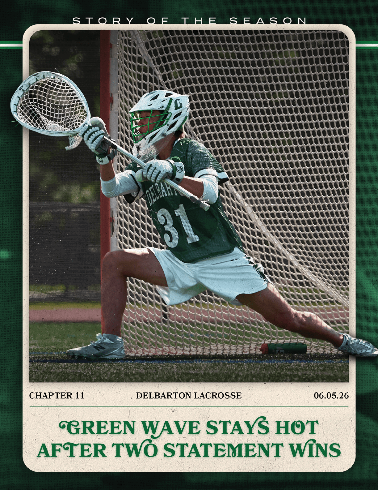 A man wearing a green shirt and white shorts is playing lacrosse. Description generated by AI