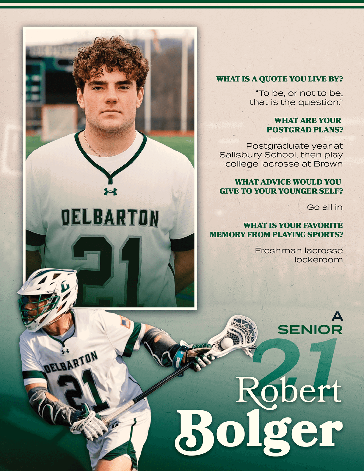 A poster of a man in a green and white uniform. Description generated by AI