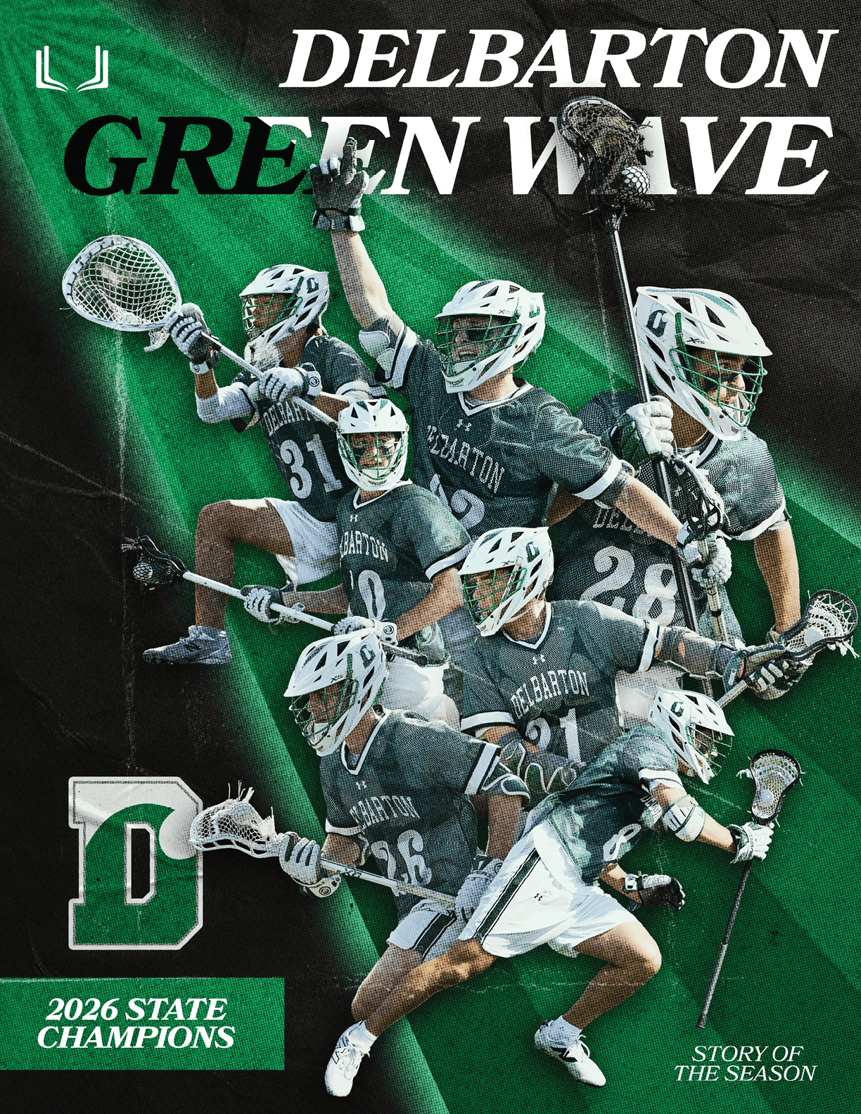 A group of lacrosse players on a field. Description generated by AI