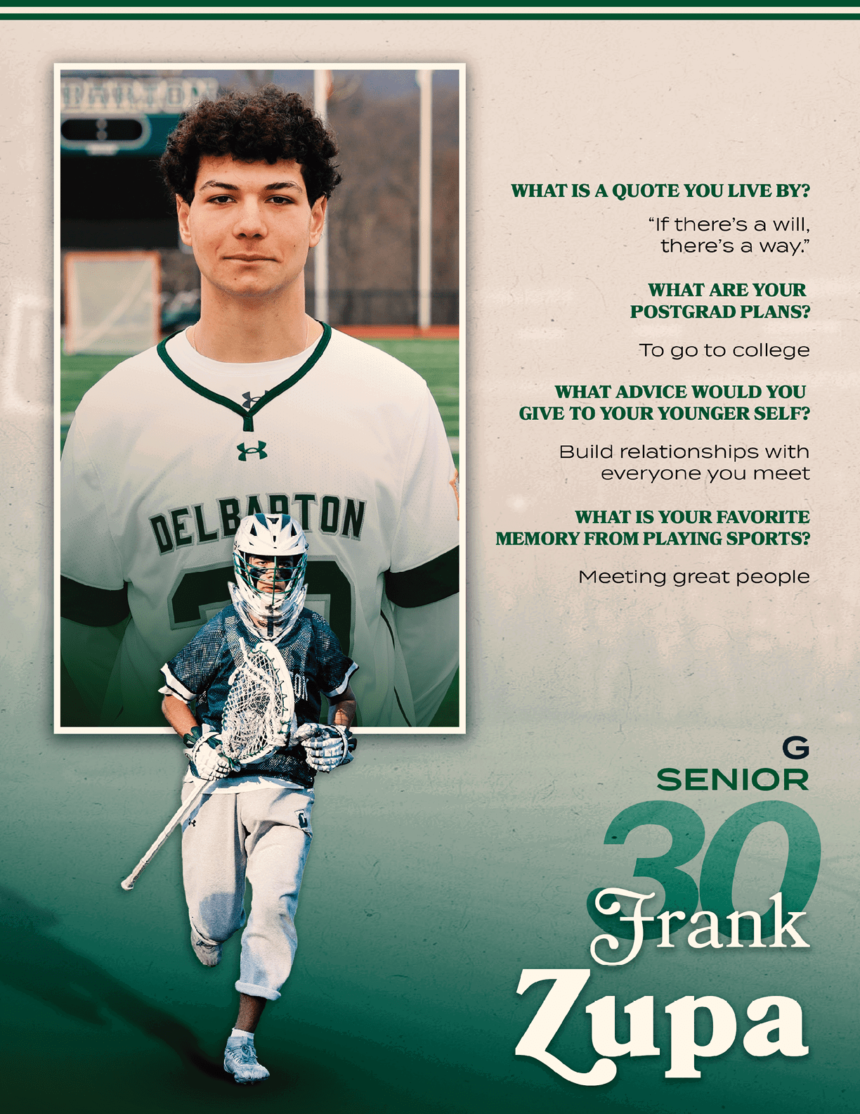 A green and white poster with a man in a white shirt and green shorts holding a lacrosse stick. Description generated by AI