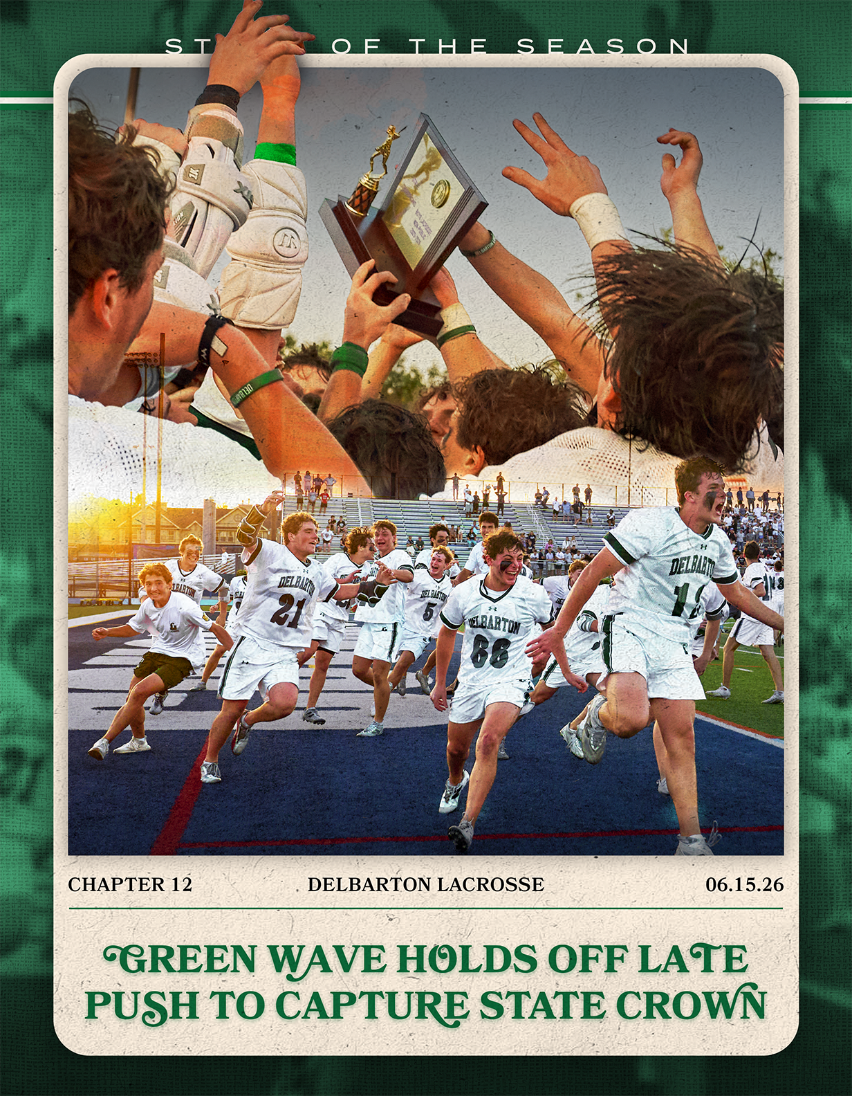 A man wearing a green shirt and white shorts is playing lacrosse. Description generated by AI