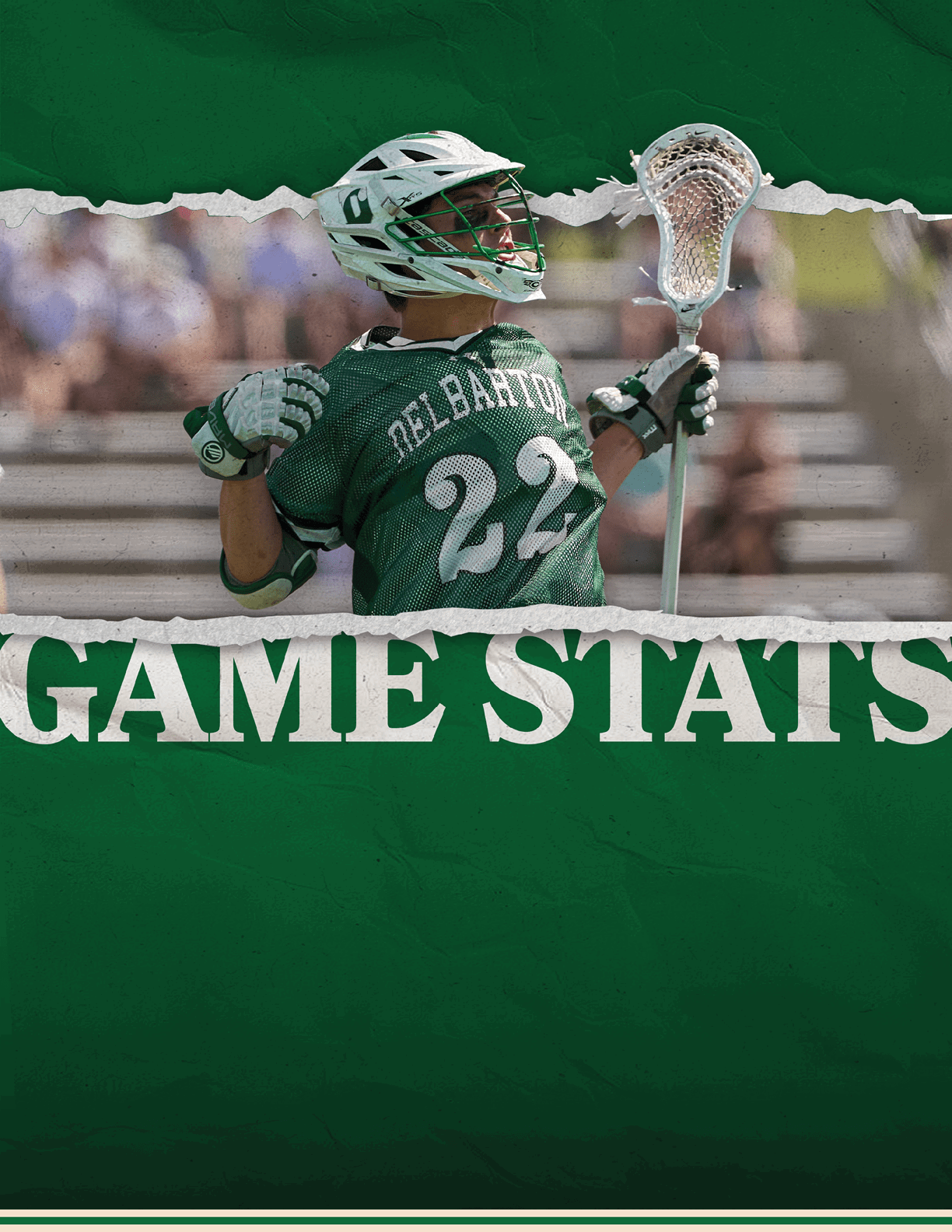A green poster with a man holding a lacrosse stick. Description generated by AI