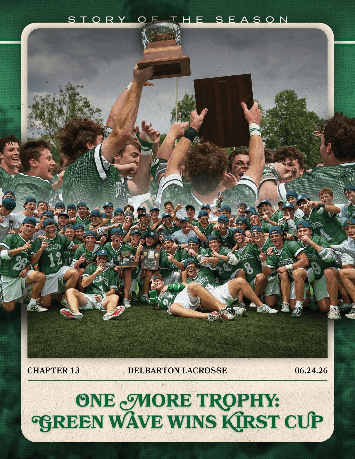 A man wearing a green shirt and white shorts is playing lacrosse. Description generated by AI