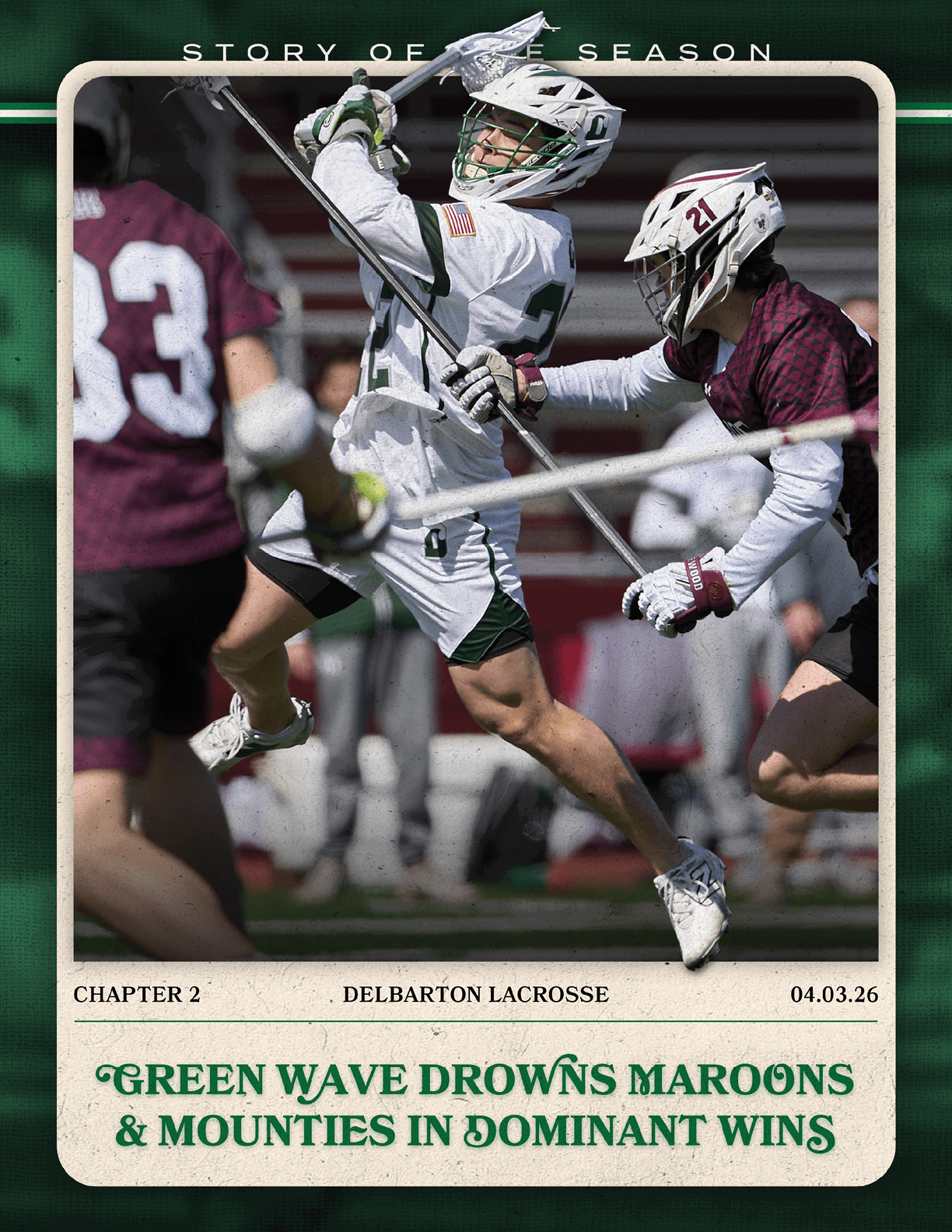 A green and white card with a picture of a man in a white uniform holding a stick. Description generated by AI