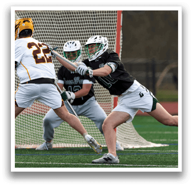 A man in a white jersey is trying to score a goal. Description generated by AI