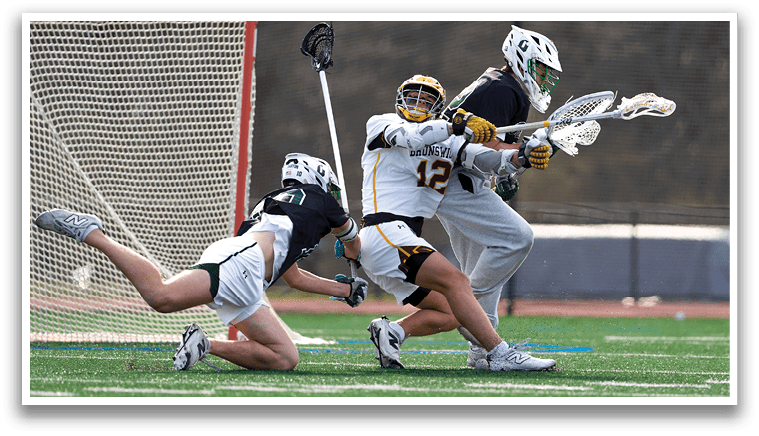 A man in a white jersey is running with a lacrosse stick. Description generated by AI
