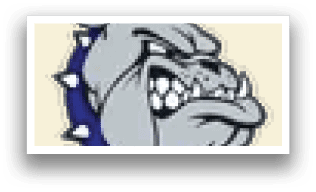 A bulldog mascot with a blue collar. Description generated by AI