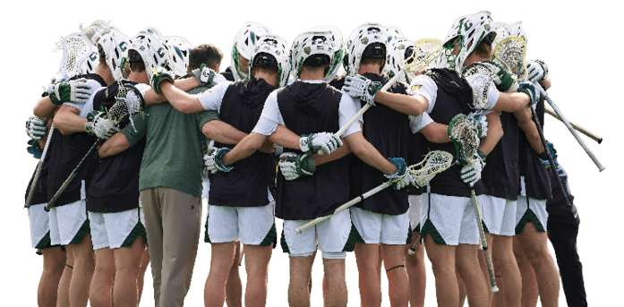 A group of lacrosse players huddled together. Description generated by AI