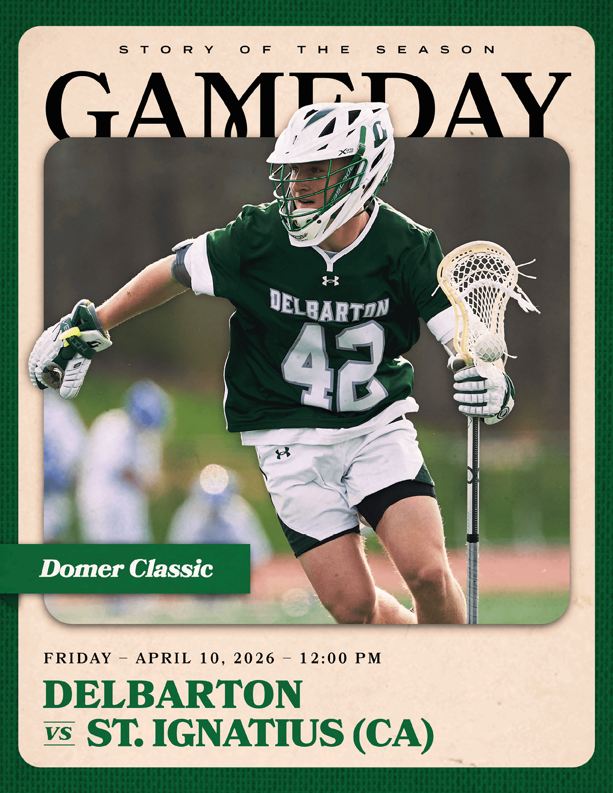 A man wearing a green and white uniform holding a lacrosse stick. Description generated by AI