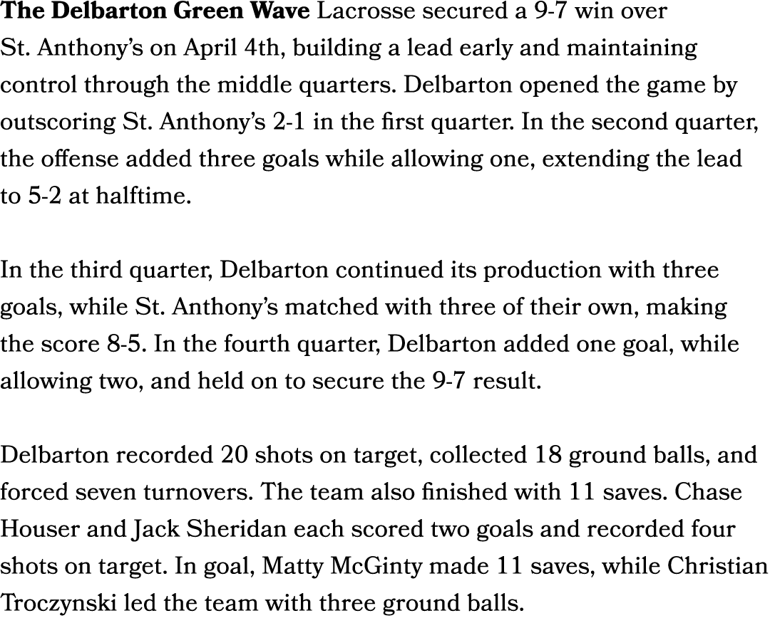 The Delbarton Green Wave Lacrosse secured a 9 7 win over St. Anthony’s on April 4th, building a lead early and mainta...