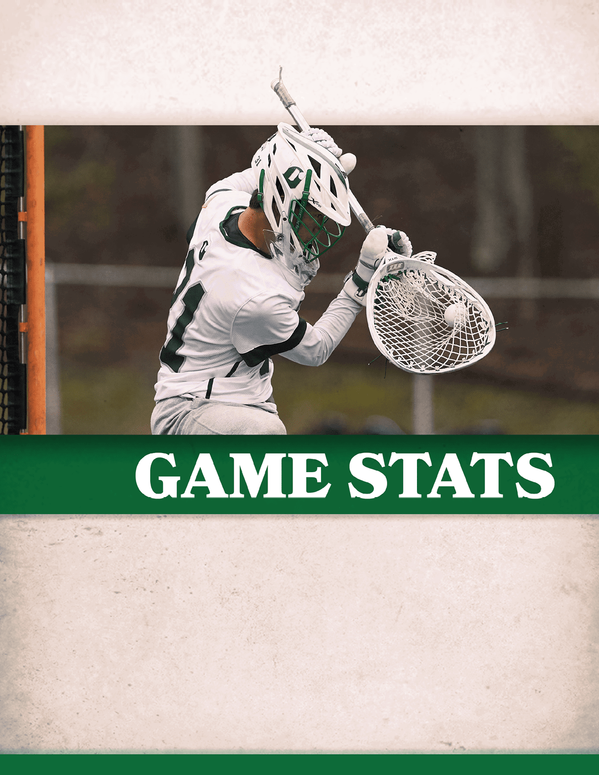 A man wearing a white and green uniform is holding a lacrosse net. Description generated by AI