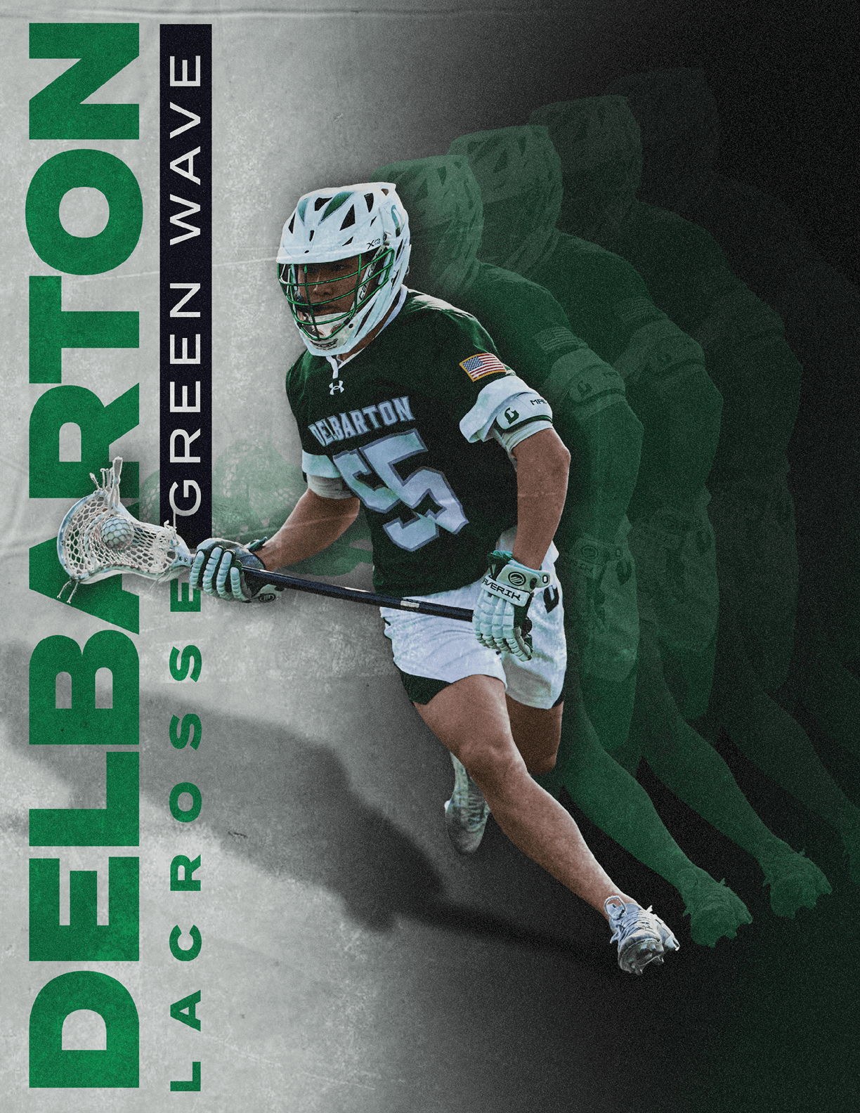 A man wearing a green and white uniform holding a lacrosse stick. Description generated by AI