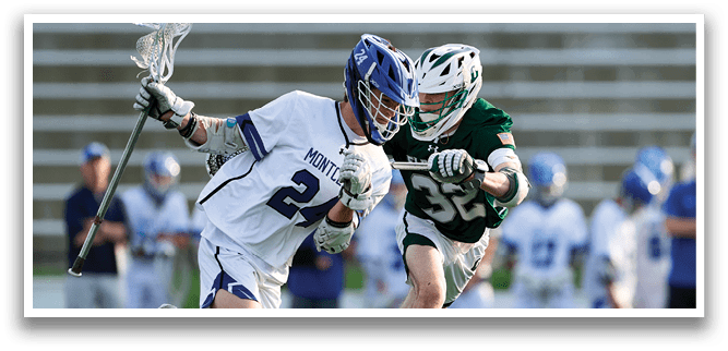 A man in a white shirt and green shorts is running with a lacrosse stick. Description generated by AI