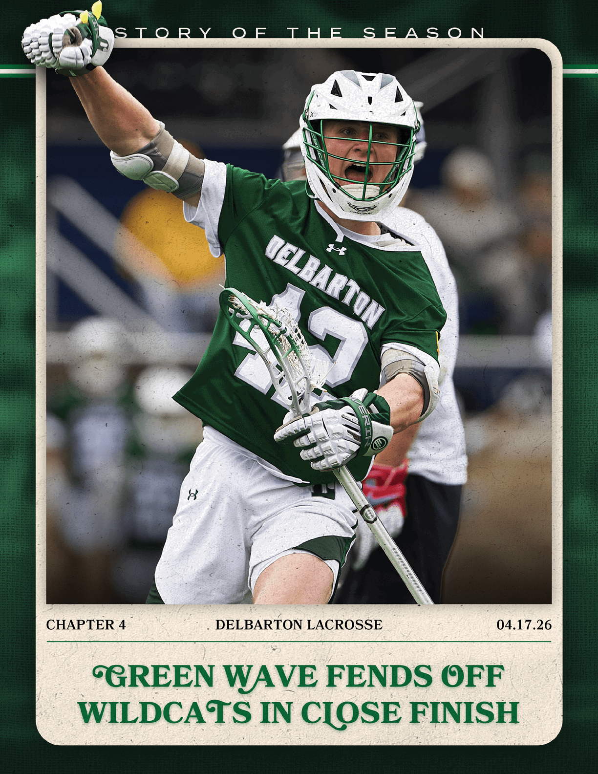 A man wearing a green and white shirt holding a lacrosse stick. Description generated by AI