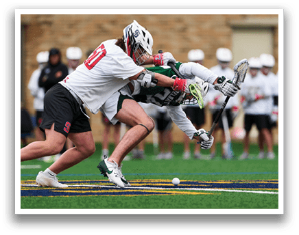 A man in a white shirt and black shorts is trying to get the ball from another man. Description generated by AI