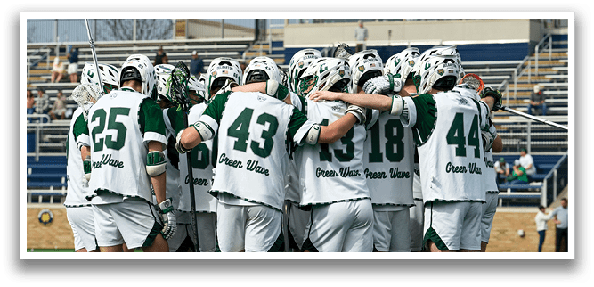 A group of lacrosse players huddled together. Description generated by AI