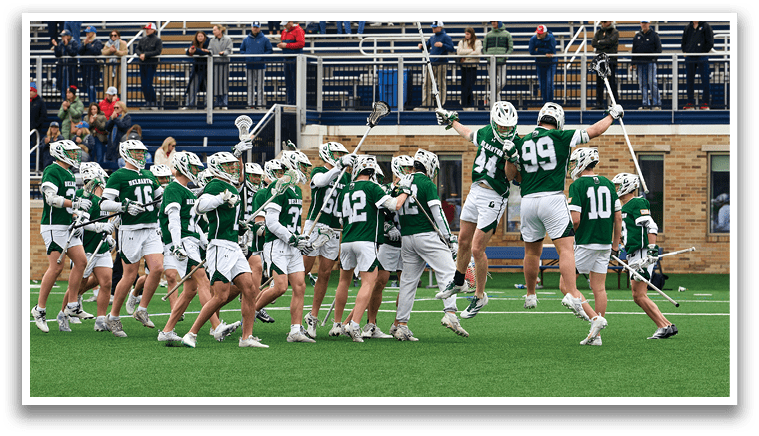 A group of people are playing a game of lacrosse. Description generated by AI