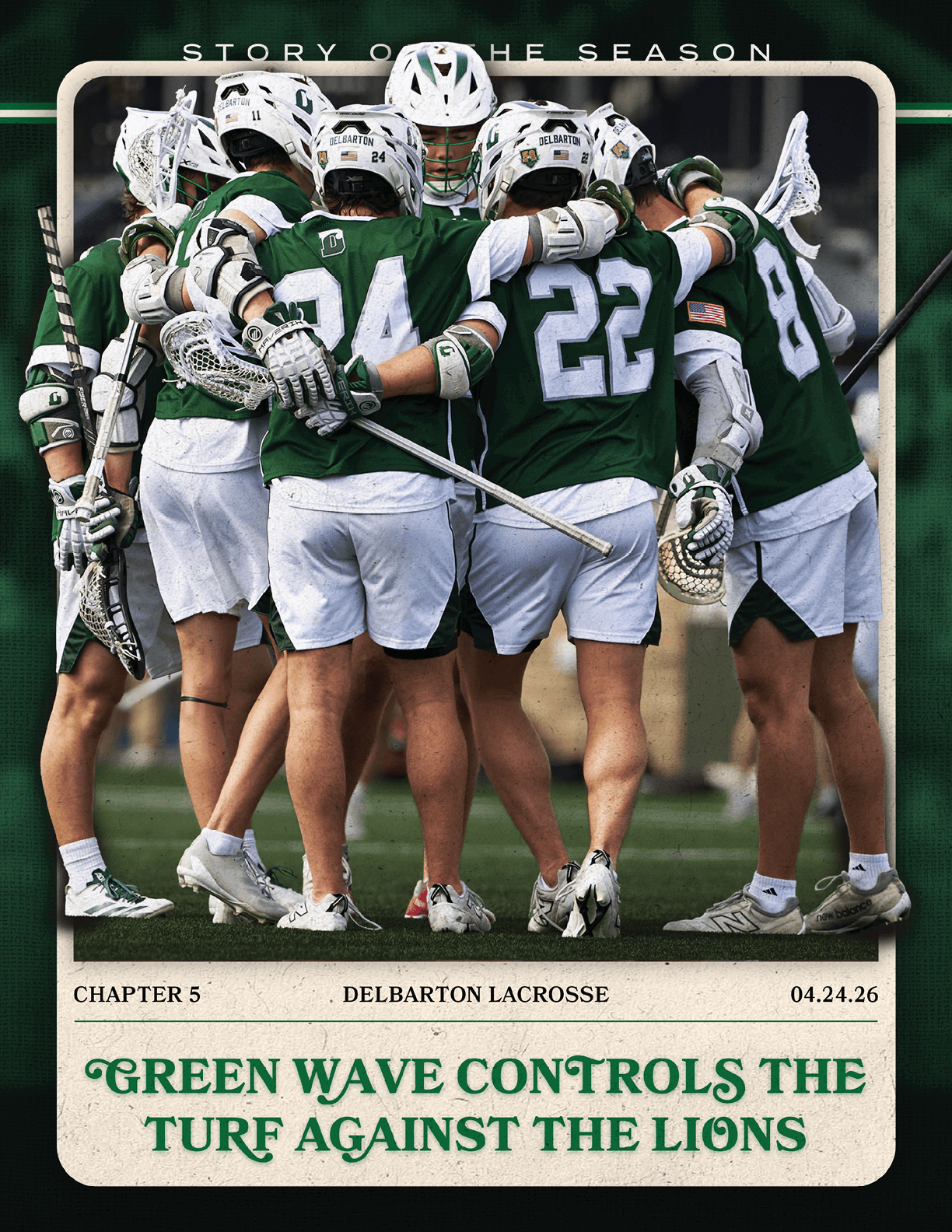 A group of lacrosse players huddled together. Description generated by AI
