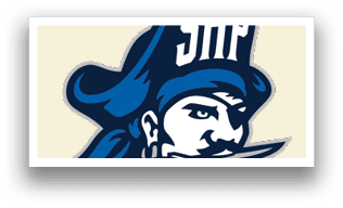 A blue and white pirate logo with a sword in the mouth. Description generated by AI