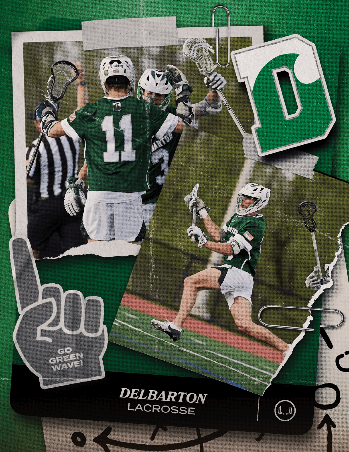 A green and white photo of a lacrosse player. Description generated by AI