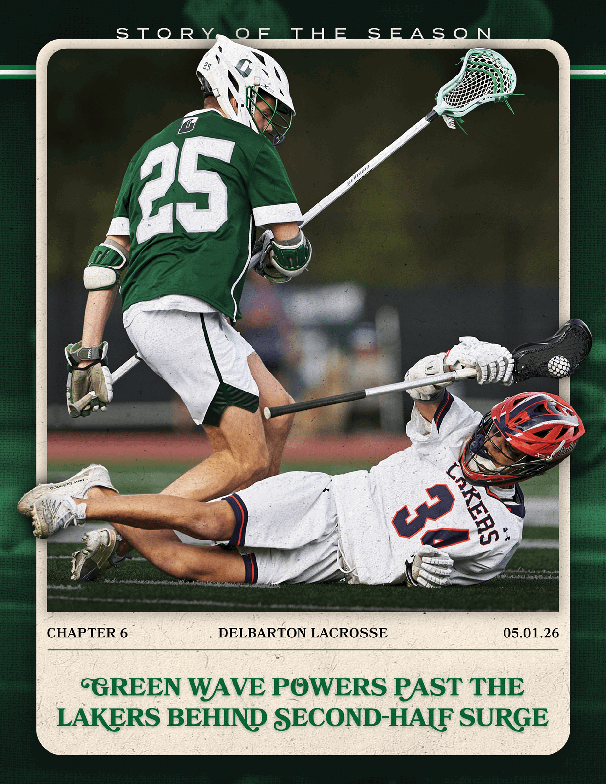 A green and white card with a man in a green jersey and white shorts falling to the ground. Description generated by AI