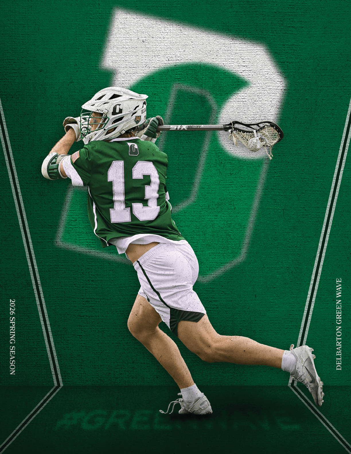 A man in a green jersey with the number 13 on it is holding a lacrosse stick. Description generated by AI