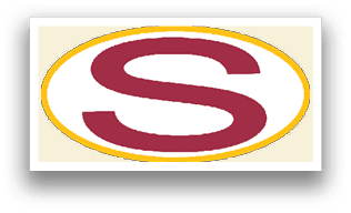 A logo for a sports team with a red and yellow background. Description generated by AI