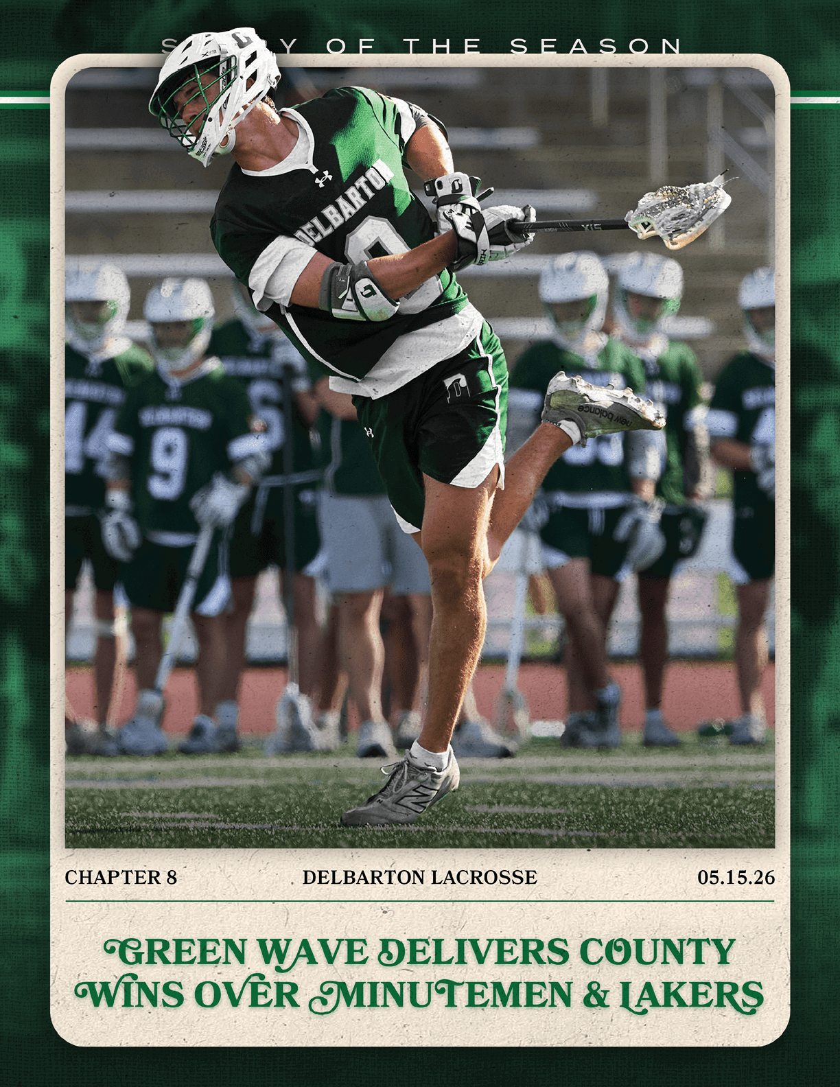 A man wearing a green and white uniform is playing lacrosse. Description generated by AI