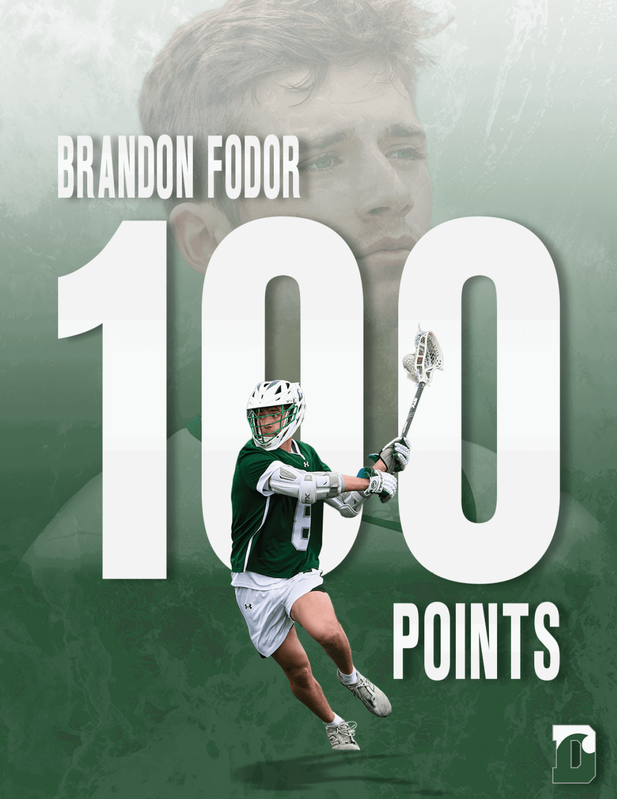A man wearing a green and white uniform holding a lacrosse stick. Description generated by AI